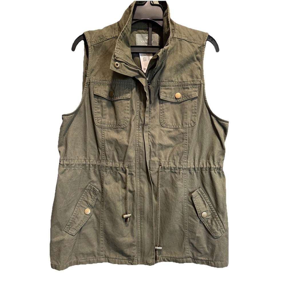 NWT Vanity Green Denim Utility Cargo Vest Sz XL Zip & Snaps Drawstring Waist - Picture 1 of 6